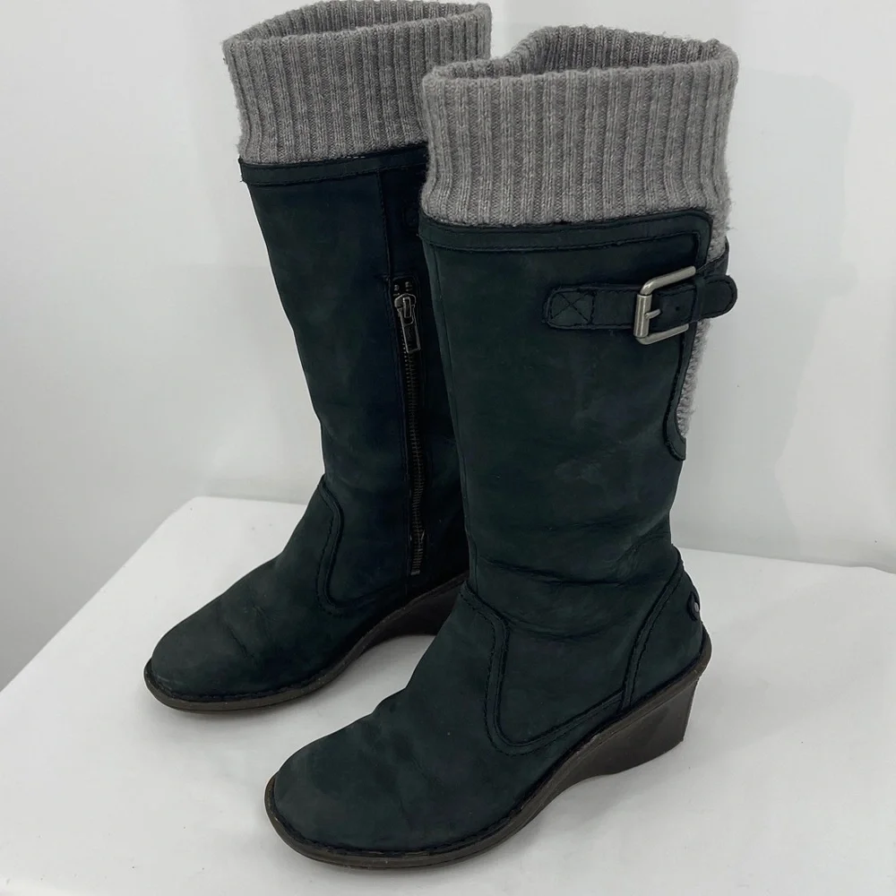 UGG Soft GRAY MID CALF BOOTS ZIPPER SIDE LEATHER WOMENS SIZE 6 WEDGE